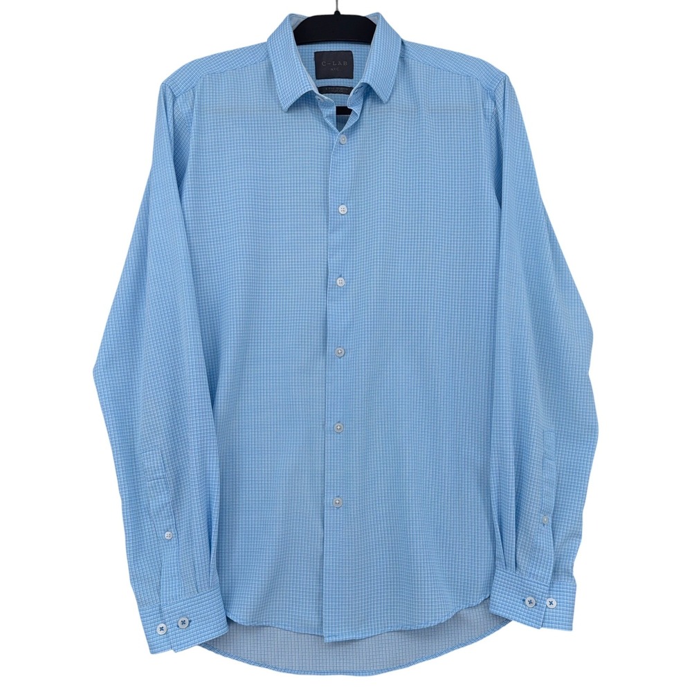 C-LAB NYC Slim‎ Fit Dress Shirt Mens Large 16 34-35 Polyester Spandex Blue
